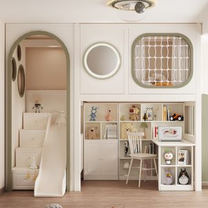 astronaut space capsule kids loft bed with slide & study storage set