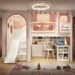 pink bunny ear princess loft bed with slide & study storage set
