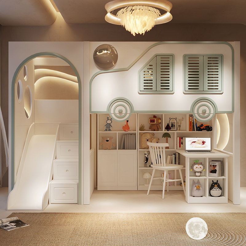 futuristic spaceship kids loft bed with slide & study storage set futuristic spaceship kids loft bed with slide & study storage set