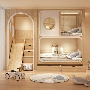 modern kids solid wood bunk bed with slide & storage drawers